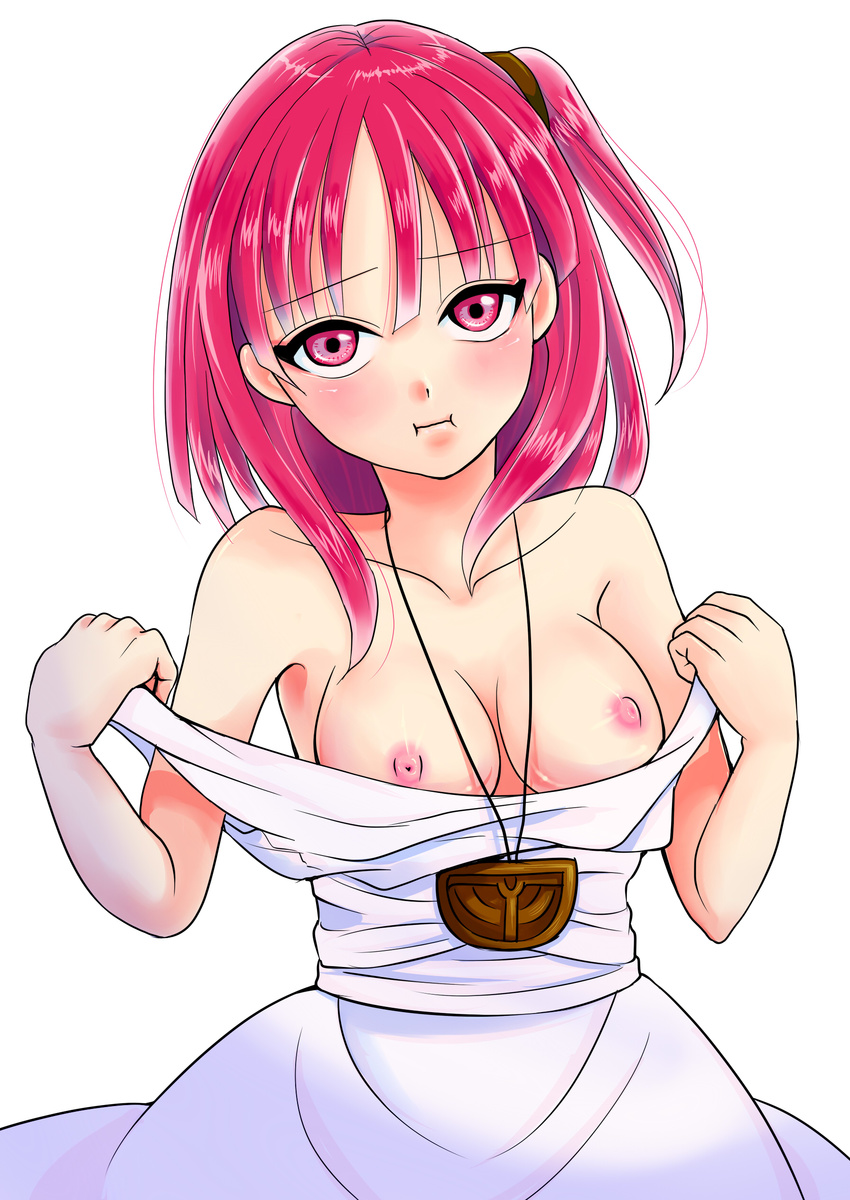 1girl absurdres blush breasts dress highres jewelry magi_the_labyrinth_of_magic morgiana necklace nipples one_side_up pout red_eyes red_hair short_hair simple_background solo white_background white_dress yuzuki_suzu