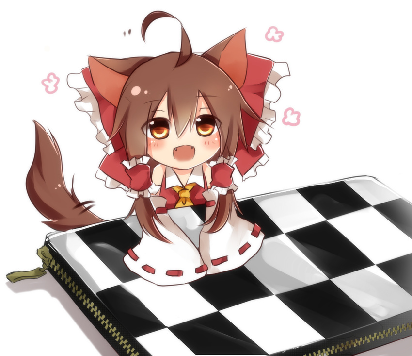 ahoge animal_ears ascot bag bow brown_eyes brown_hair cat_ears cat_tail commentary detached_sleeves fangs hair_bow hair_tubes hakurei_reimu handbag happy long_hair looking_at_viewer minigirl open_mouth red_eyes smile solo tail tosura-ayato touhou wide_sleeves