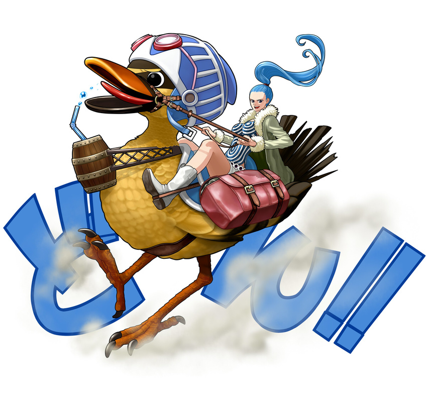 animal barrel beak bird blue_hair boots breasts carue coat drinking_straw duck dust full_body fur_trim goggles goggles_on_head large_breasts long_hair nefertari_vivi one_piece open_clothes open_coat ponytail reins riding saddle saddlebags short_shorts shorts simple_background sitting_on_animal suyu38 tail_feathers talons tongue very_long_hair water_drop white_background