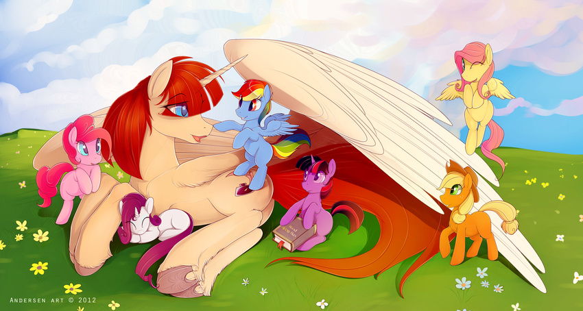 absurd_res amber_eyes antiander applejack_(mlp) blonde_hair blue_eyes blue_fur book brown_fur brown_hair cloud clouds cowboy_hat cub cutie_mark equine eye_contact eyes_closed feathers female feral flower fluttershy_(mlp) flying freckles friendship_is_magic fur grass green_eyes group hair hat hi_res hooves horn horse lauren_faust lauren_faust_(character) long_hair looking_at_viewer lying mammal mane multi-colored_hair my_little_pony on_side one_eye_closed open_mouth orange_fur outside pegasus pink_fur pink_hair pinkie_pie_(mlp) ponification pony purple_eyes purple_fur purple_hair rainbow_dash_(mlp) rainbow_hair rarity_(mlp) red_hair sitting sky sleeping smile standing tongue tongue_out twilight_sparkle_(mlp) unicorn white_fur winged_unicorn wings wink yellow_fur young
