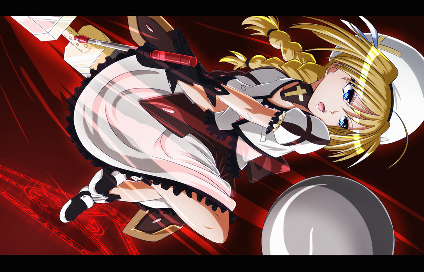 ahoge alternate_color alternate_costume attack beret black_footwear black_gloves blonde_hair blue_eyes bow braid bustier cropped_jacket cross dress floating flying frills full_body gloves graf_eisen hair_intakes hair_ornament hammer hat highres jacket letterboxed long_hair lyrical_nanoha magic_circle mahou_shoujo_lyrical_nanoha mahou_shoujo_lyrical_nanoha_a's mahou_shoujo_lyrical_nanoha_strikers metal open_clothes open_eyes open_jacket open_mouth player_2 puffy_short_sleeves puffy_sleeves ribbon shirt shoes short_sleeves solo sphere tappa_(esperanza) twin_braids vita white_dress white_hat white_shirt yellow_ribbon