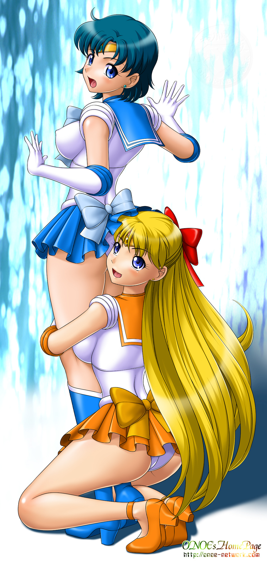 aino_minako ass back_bow bad_id bad_pixiv_id bishoujo_senshi_sailor_moon blonde_hair blue_choker blue_eyes blue_footwear blue_hair blue_sailor_collar blue_skirt boots bow breasts choker earrings elbow_gloves gloves hair_bow half_updo high_heels highres hug hug_from_behind inner_senshi jewelry knee_boots kneeling large_breasts long_hair magical_girl mizuno_ami multiple_girls onoe open_mouth orange_choker orange_sailor_collar orange_skirt panties red_bow sailor_collar sailor_mercury sailor_senshi_uniform sailor_venus short_hair skirt standing strappy_heels tiara underwear watermark web_address white_gloves