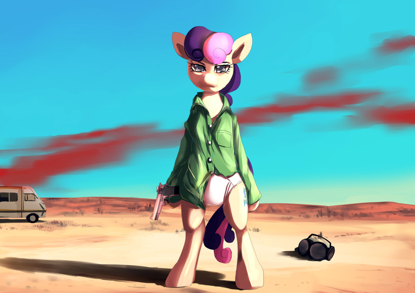 bakki blue_eyes blue_hair bonbon_(mlp) breaking_bad clothing cloud cutie_mark desert equine female friendship_is_magic gas_mask gun hair handgun horse mammal mask my_little_pony outside pink_hair pistol pony ranged_weapon sand shirt sky two_tone_hair underwear weapon winnebago