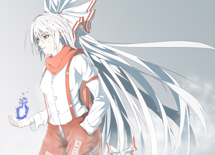 absurdres armband bad_id bad_pixiv_id bandage_on_face blue_fire bow cigarette dress_shirt fire fujiwara_no_mokou gradient gradient_background grey_background hair_bow hand_in_pocket highres juliet_sleeves kuroneko_(sanzo5531) long_hair long_sleeves open_hand open_pants pants puffy_sleeves red_eyes scarf shirt simple_background smoke solo suspenders touhou very_long_hair white_hair