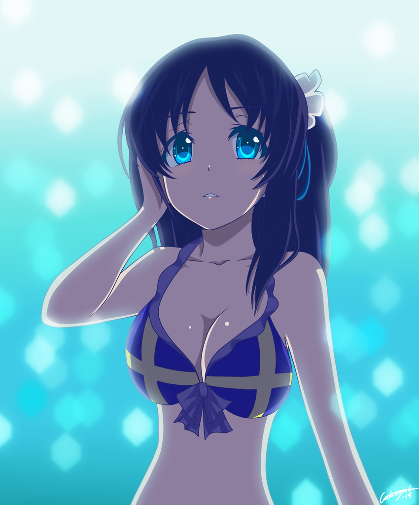 absurdres adjusting_hair aqua_background arm_up bangs bikini blue_bikini blue_eyes blue_hair blurry breasts cleavage dated depth_of_field frilled_bikini frills front-tie_bikini front-tie_top galaxyart gradient gradient_background highres hiradaira_chisaki large_breasts light_particles long_hair looking_at_viewer nagi_no_asukara navel one_side_up parted_bangs parted_lips scrunchie side_ponytail signature slender_waist solo swimsuit upper_body