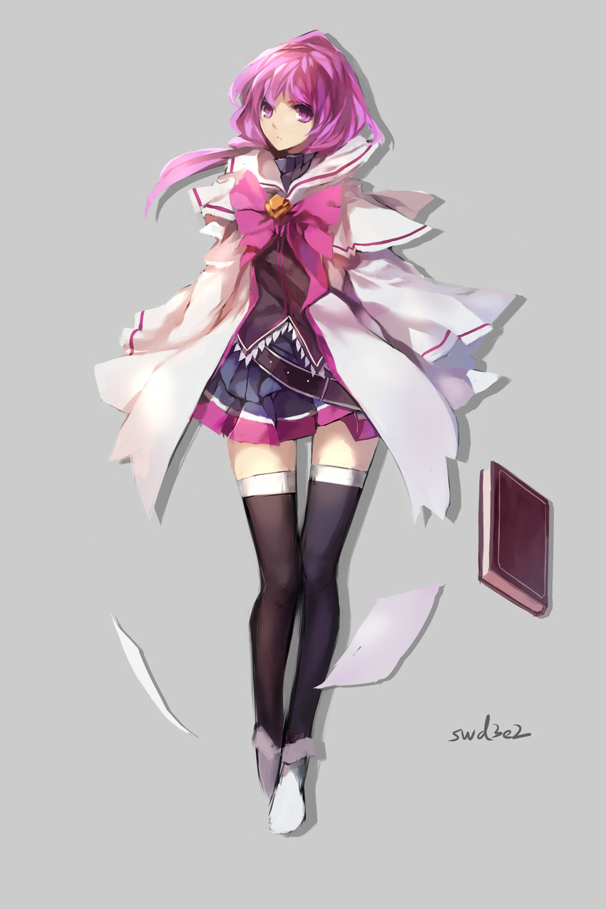 aisha_(elsword) bad_id bad_pixiv_id belt black_legwear book bow coat elemental_master_(elsword) elsword expressionless full_body grey_background highres hood long_hair pink_bow purple_eyes purple_hair purple_skirt ribbon shoes skirt solo swd3e2 thighhighs zettai_ryouiki