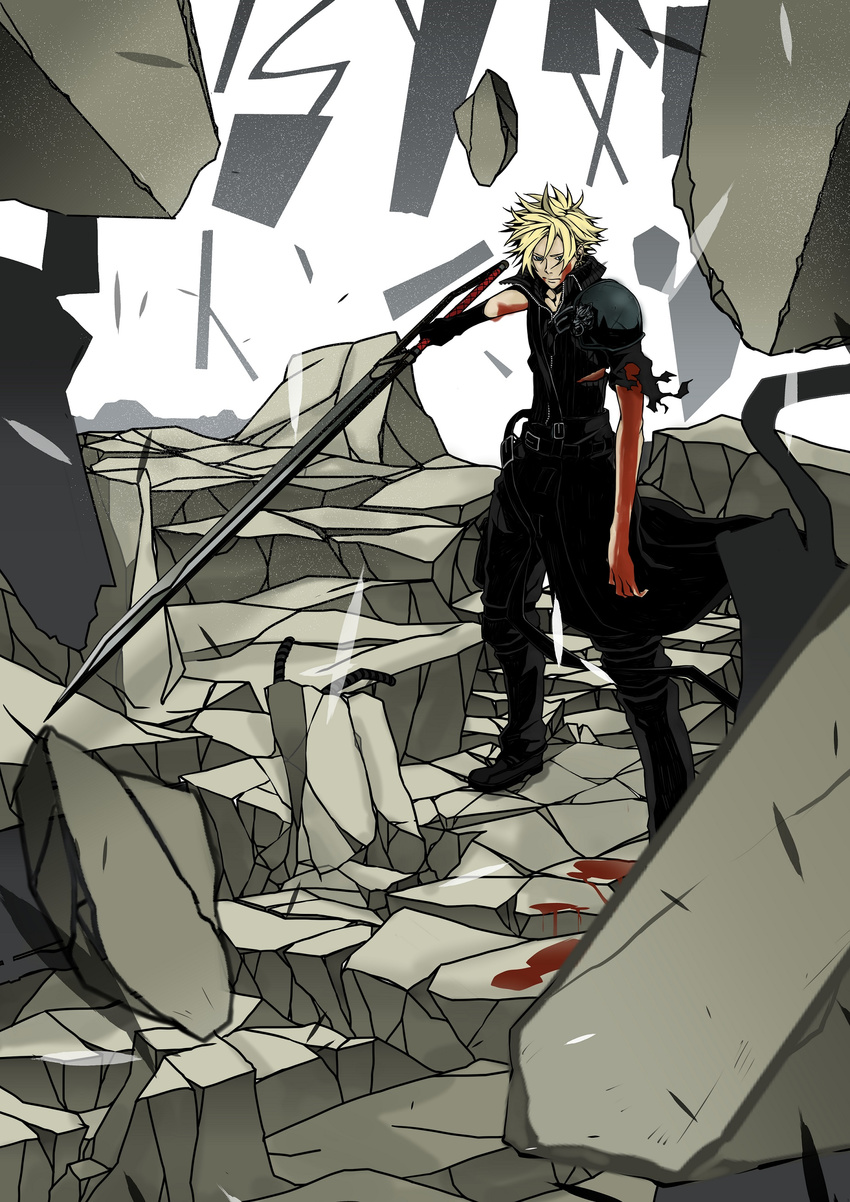 1boy absurdres appleappleeeee blonde_hair blood cloud_strife final_fantasy final_fantasy_vii final_fantasy_vii_advent_children gloves highres huge_sword injury rubble short_hair sword weapon