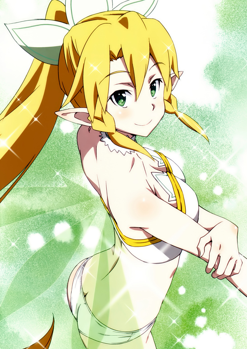 absurdres ass bikini blonde_hair bow elf green_eyes hair_bow highres leafa long_hair looking_at_viewer pointy_ears ponytail smile solo swimsuit sword_art_online very_long_hair