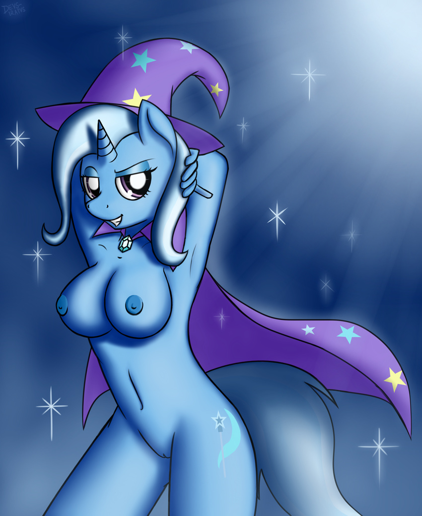 anthro anthrofied arms_behind_head blue_hair breasts cape cutie_mark devs-iratvs equine female friendship_is_magic hair hat horn horse looking_at_viewer mammal my_little_pony nipples nude pony purple_eyes pussy smile solo sparkles star trixie_(mlp) unicorn wizard_hat