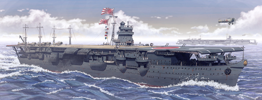 a6m_zero aa_gun aircraft aircraft_carrier airplane blue_sky bomb cannon cloud day earasensha flag gun highres hiryuu_(aircraft_carrier) imperial_japanese_navy machine_gun military military_vehicle multiple_boys ocean real_life ship sky souryuu_(aircraft_carrier) turret warship water watercraft weapon