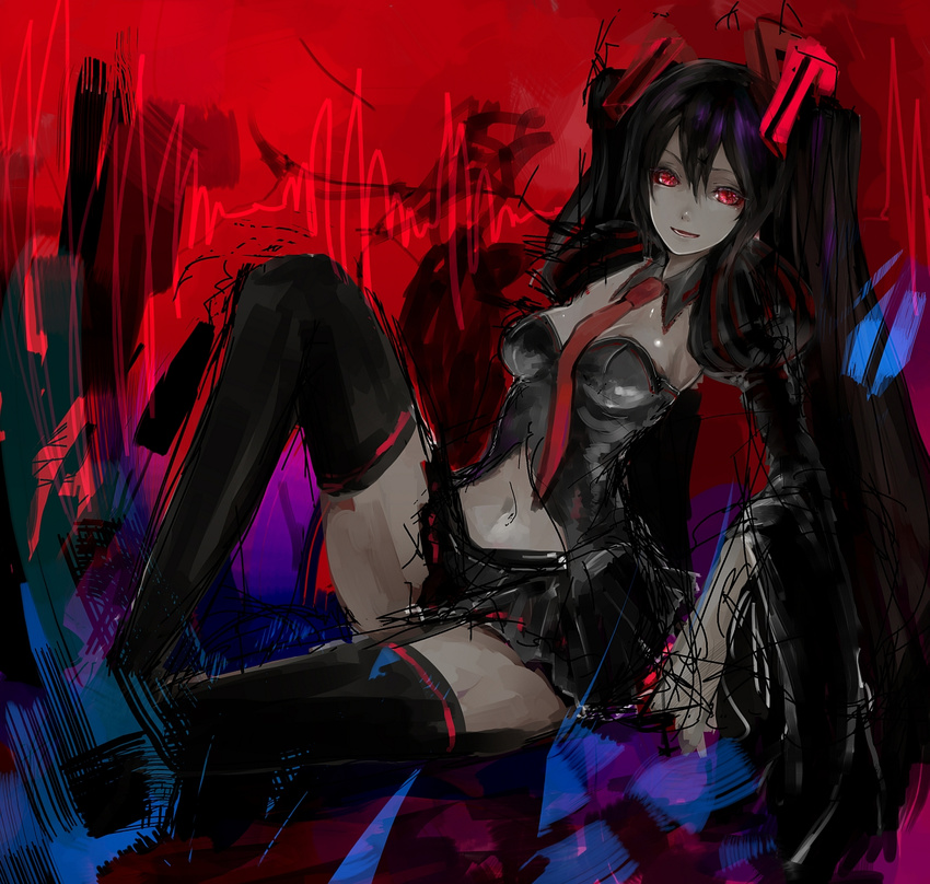 between_breasts black_hair black_legwear boots breasts collar corset hair_ornament hanus highres long_hair looking_at_viewer medium_breasts miniskirt navel necktie open_mouth pale_skin pleated_skirt red_eyes sketch skirt smug solo thigh_boots thighhighs twintails very_long_hair vocaloid zatsune_miku zettai_ryouiki