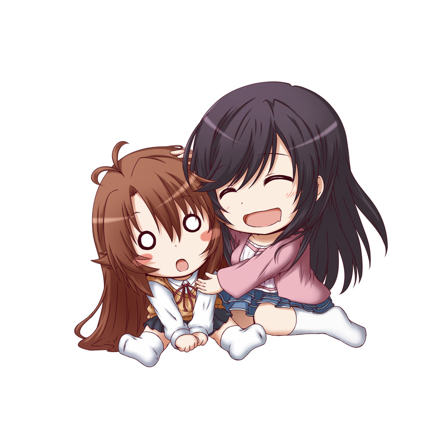 :d :o ^_^ antenna_hair asahigaoka_school_uniform black_hair blush blush_stickers brown_hair chibi closed_eyes drooling full_body hand_on_another's_head highres ichijou_hotaru koshigaya_komari kuena long_hair long_sleeves multiple_girls neck_ribbon non_non_biyori o_o open_mouth pleated_skirt ribbon school_uniform simple_background skirt smile socks sweater_vest very_long_hair white_background white_legwear