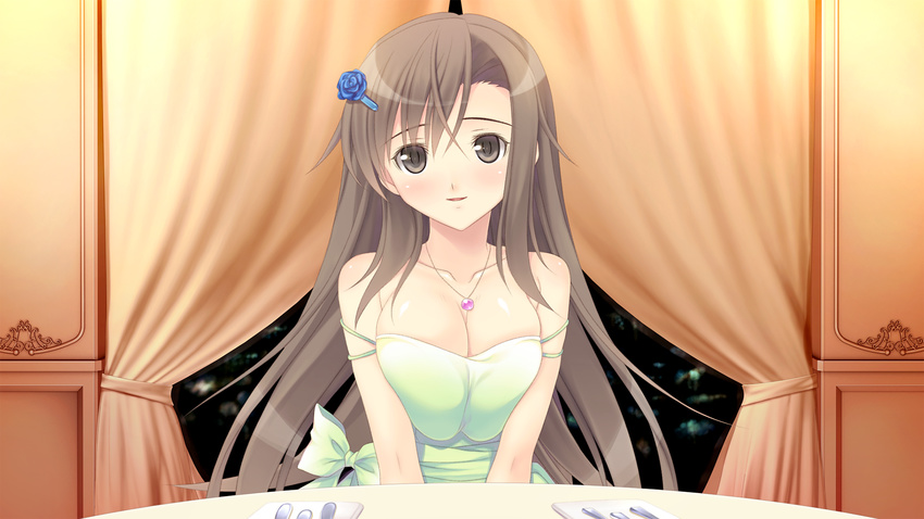 1girl absurdres bare_shoulders black_eyes blush breast_squeeze breasts brown_hair cleavage curtains dress fork fusataka_shikibu game_cg highres huge_breasts long_hair looking_at_viewer smile table tsugou_no_ii_kazoku