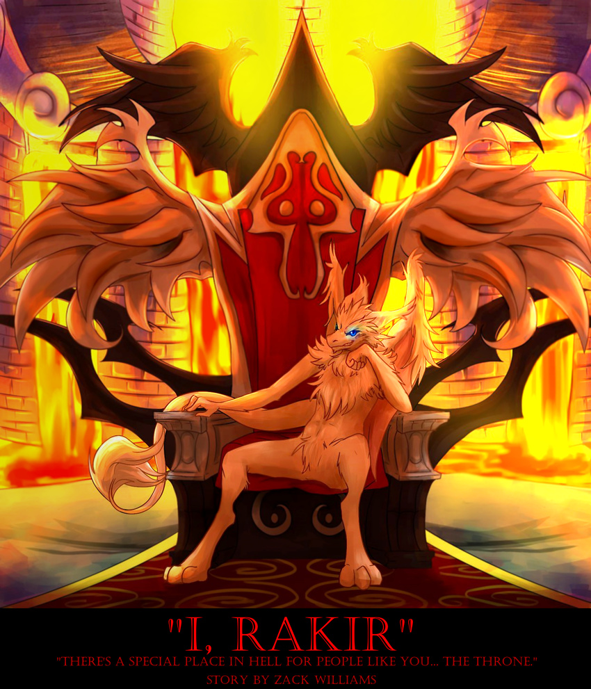 albino amazing anthro blitzdrachin blue_eyes book_cover fire floof fur glowing hair hell invalid_tag lava long_hair looking_at_viewer magma male orignal_character rakir rakky smile smirk solo symmetry teeth text throne throneroom warm_colors white_fur wings zakdarak