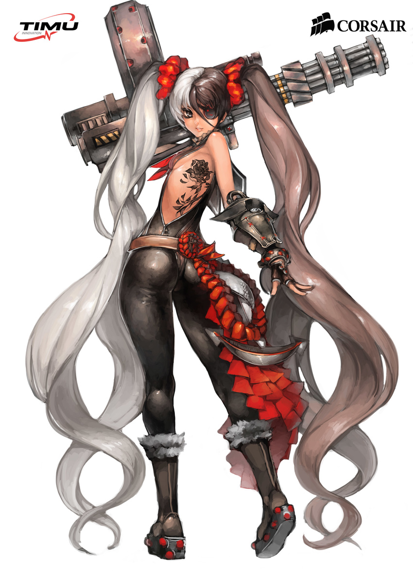 absurdly_long_hair absurdres anchor artist_request ass belt blade_&amp;_soul blue_eyes bodysuit boots breasts eyepatch from_behind full_body gatling_gun gauntlets gun highres leotard long_hair looking_back multicolored_hair pohwaran sideboob skin_tight sleeveless small_breasts smile solo tattoo twintails two-tone_hair very_long_hair watermark weapon
