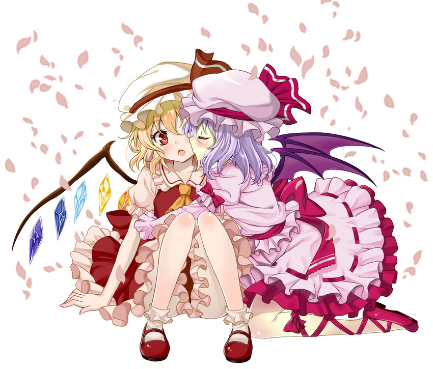 ascot blonde_hair blouse blush bow closed_eyes collared_shirt dress fang flandre_scarlet frilled_dress frilled_hat frilled_legwear frilled_shirt frilled_skirt frills hair_between_eyes hat hat_bow highres hug incest kiss kneeling knees_together_feet_apart mary_janes mob_cap multiple_girls one_eye_closed open_mouth petals pink_dress puffy_sleeves purple_hair purple_shirt red_dress red_eyes red_shirt remilia_scarlet ribbon shirt shoes short_hair short_sleeves siblings simple_background sisters sitting skirt skirt_set surprised taturouxs touhou white_background wince wings wrist_cuffs yuri