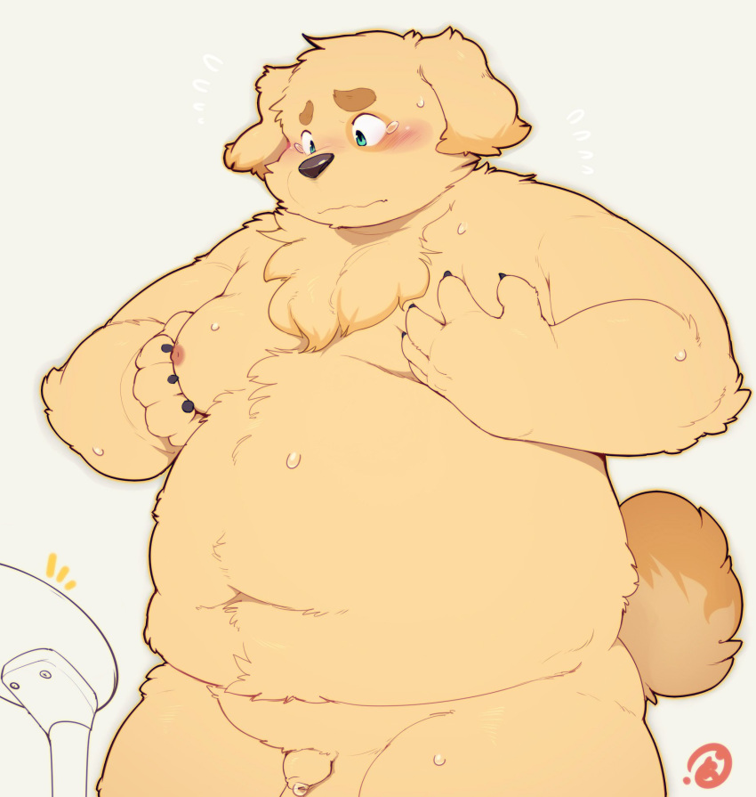 belly big_belly blush canine cusith dog flaccid foreskin groping_self hi_res male mammal moobs navel overweight penis quanjiang small_penis solo tokyo_afterschool_summoners video_games