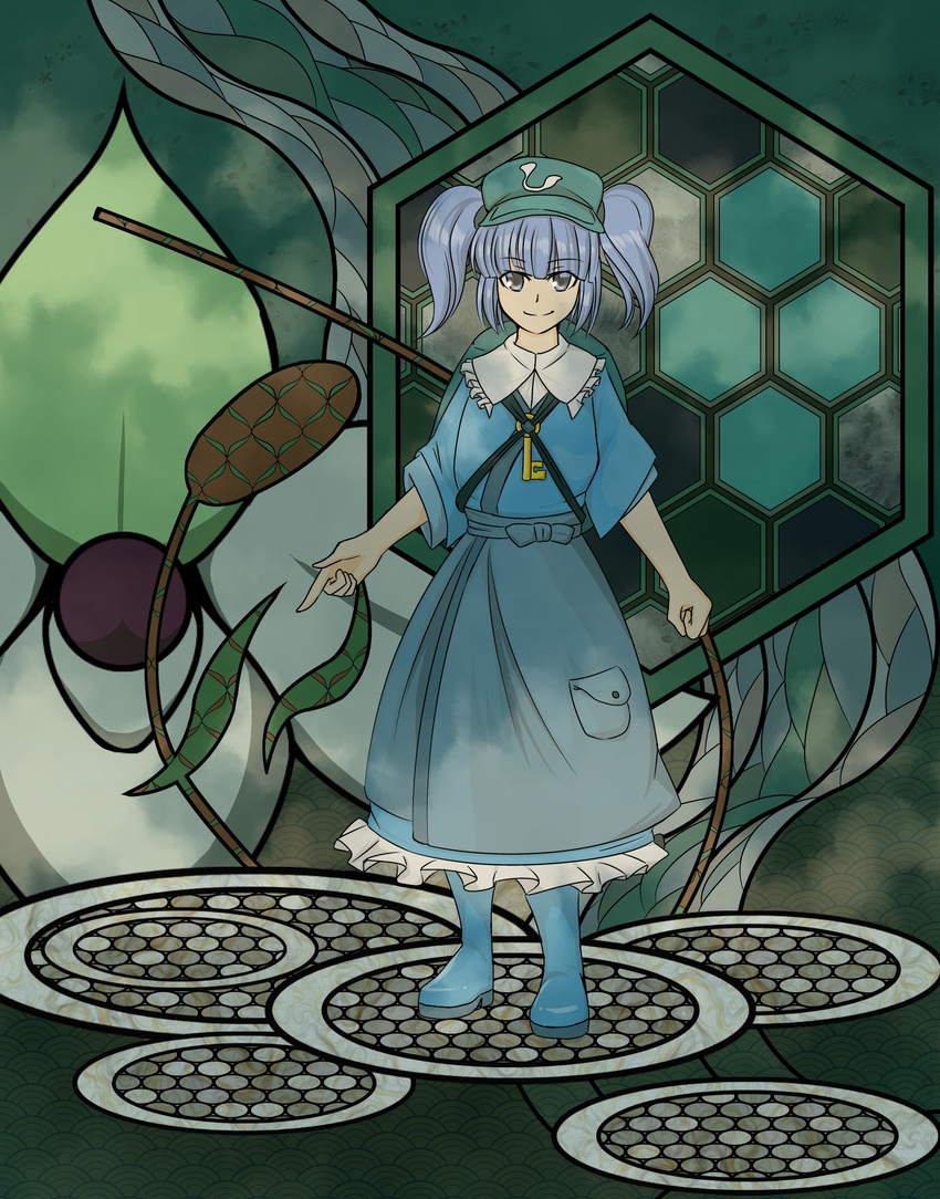 adapted_costume backpack bag blue_hair boots cattail clenched_hand grey_eyes hakama_skirt hat highres hime_cut kawanami_eito kawashiro_nitori key looking_at_viewer multicolored multicolored_background plant pointing pointing_down rubber_boots seigaiha short_hair smile solo touhou two_side_up