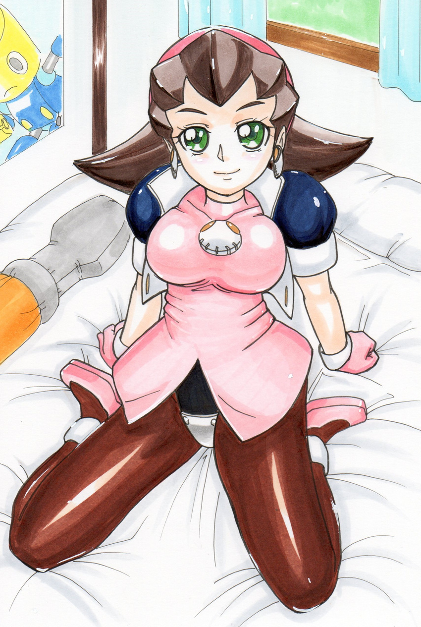 absurdres arms_behind_back bad_id bad_pixiv_id bed bedroom black_hair blush breasts brown_legwear crotch_plate curtains earrings flipped_hair from_above gloves green_eyes hair_pulled_back hairband hayami_jin high_collar highres indoors jewelry kobun large_breasts light_smile looking_at_viewer pantyhose pillow pink_hairband platform_footwear poster_(object) puffy_short_sleeves puffy_sleeves rockman rockman_dash screwdriver shirt shoes short_hair short_sleeves sitting smile solo spread_legs traditional_media tron_bonne turtleneck wariza window