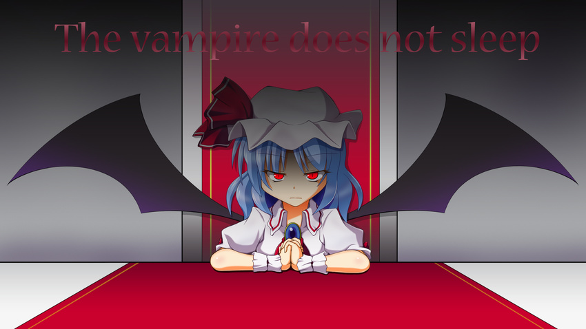 ascot bat_wings blouse blue_hair brooch english frown hands_clasped hat hat_ribbon highres interlocked_fingers jewelry kurenaidahlia looking_at_viewer mob_cap own_hands_together puffy_short_sleeves puffy_sleeves red_eyes remilia_scarlet ribbon shaded_face short_hair short_sleeves slit_pupils solo touhou tsurime wings wrist_cuffs
