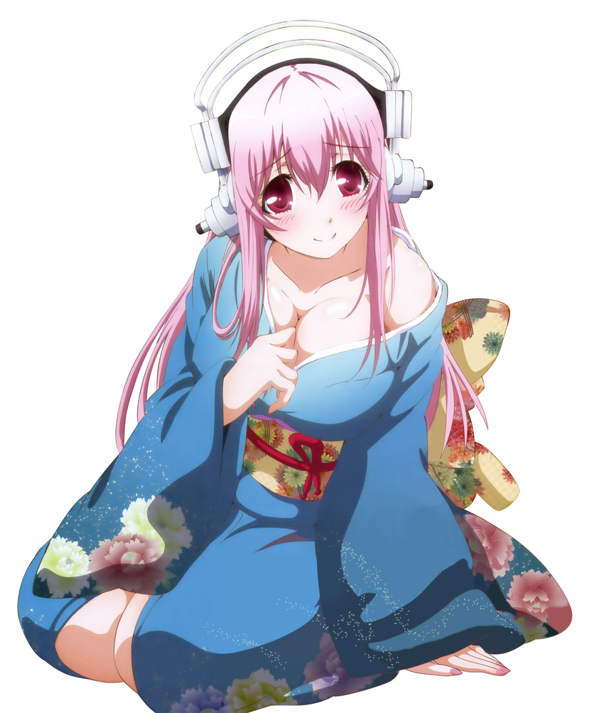 blush breasts cleavage headphones highres japanese_clothes kimono large_breasts pink_eyes pink_hair sitting solo sonico super_sonico tamura_masafumi