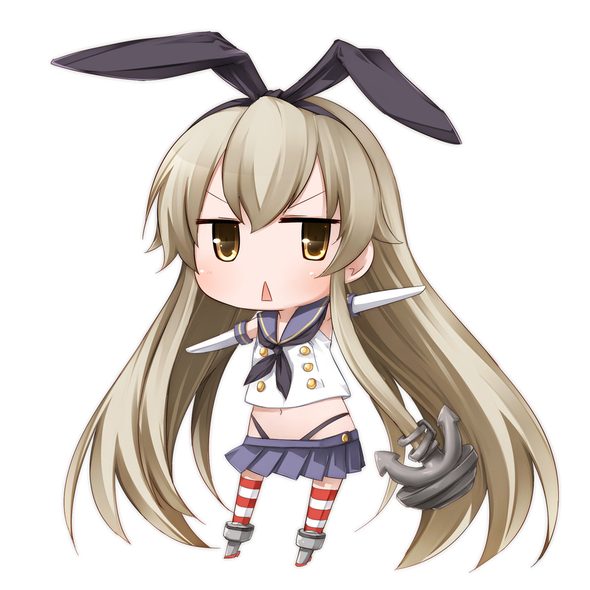 :&lt; anchor black_panties blonde_hair chibi closed_mouth elbow_gloves gloves hairband highres kantai_collection long_hair moegi_nenene navel outstretched_arms panties sailor_collar shimakaze_(kantai_collection) solo spread_arms striped striped_legwear thighhighs triangle_mouth underwear v-shaped_eyebrows white_background