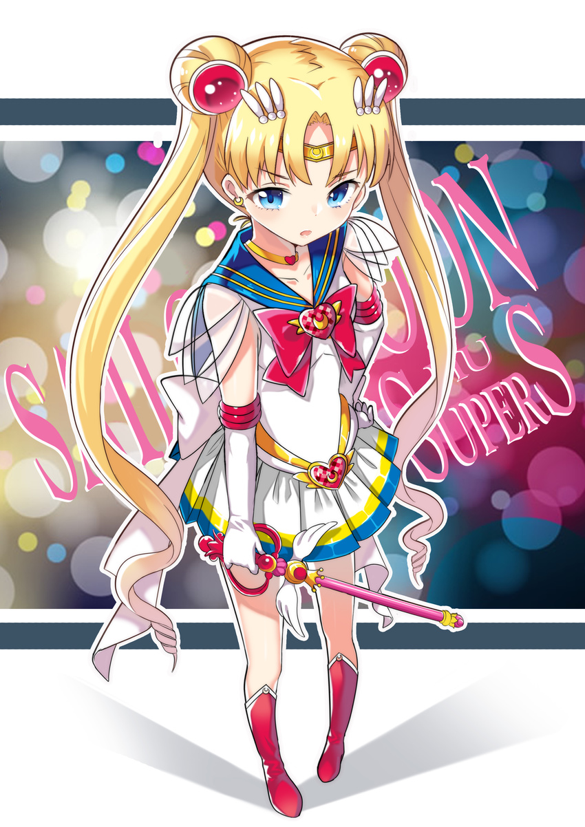 absurdres back_bow bishoujo_senshi_sailor_moon blonde_hair blue_eyes blue_sailor_collar boots bow brooch choker copyright_name double_bun elbow_gloves from_above full_body gloves hair_ornament hairpin heart heart_choker highres holding holding_wand jewelry kaleidomoon_scope kikimi knee_boots long_hair magical_girl multicolored multicolored_clothes multicolored_skirt perspective red_bow ribbon sailor_collar sailor_moon sailor_senshi_uniform skirt solo super_sailor_moon tiara tsukino_usagi twintails wand white_gloves