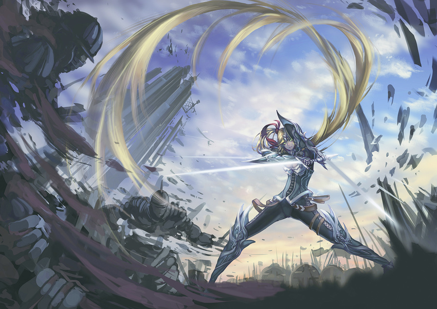 absurdly_long_hair armor armored_boots blonde_hair boots breasts cleavage dual_wielding full_armor gauntlets grin holding holding_sword holding_weapon long_hair madyy medium_breasts original side_ponytail smile sword very_long_hair weapon yellow_eyes