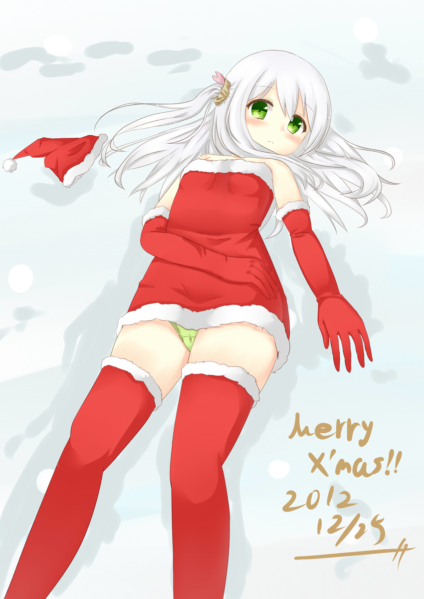 absurdres bad_id bad_pixiv_id bare_shoulders blush breasts dress frown fur_trim green_eyes green_panties hat head_tilt highres looking_at_viewer lying mitoko_(tsuchikure) on_back original panties pantyshot pantyshot_(lying) santa_costume santa_hat short_dress small_breasts solo tareme thighhighs tsuchikure underwear white_hair