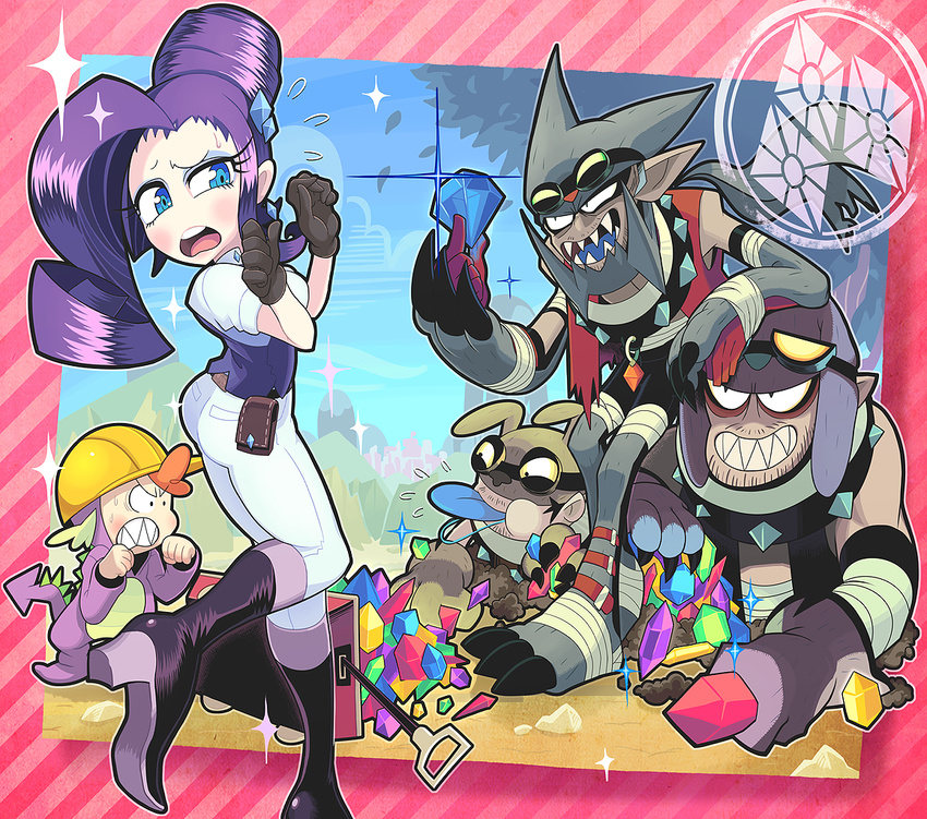 angry beard blue_eyes blue_tongue boots clothed clothing facial_hair female friendship_is_magic gashi-gashi gloves group hair hat heels high_heels human humanized jewels long_hair makeup male mammal my_little_pony open_mouth pants purple_hair rarity_(mlp) shirt spike_(mlp) standing teeth tongue