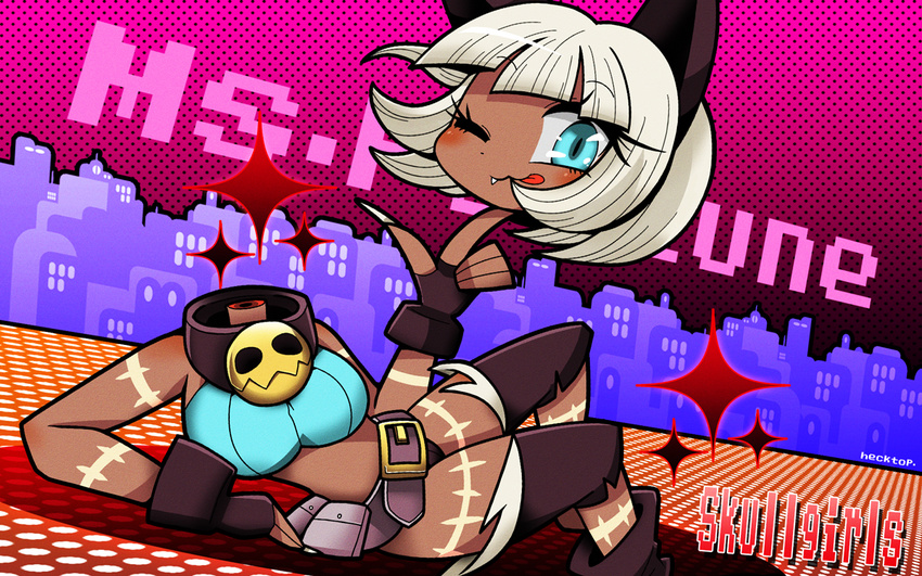1girl animal_ears artist_name belt blue_eyes cat_ears character_name dark_skin female hecktop ms._fortune_(skullgirls) nadia_fortune scar severed_head short_hair skullgirls sleeveless sleeveless_turtleneck solo stitches tongue tongue_out turtleneck white_hair wink
