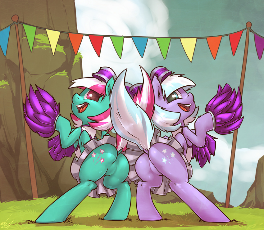 2014 atryl blue_eyes butt cutie_mark duo equine female feral friendship_is_magic fur green_fur horse looking_at_viewer mammal my_little_pony open_mouth pegasus pom_poms pony purple_eyes purple_fur skirt smile wings