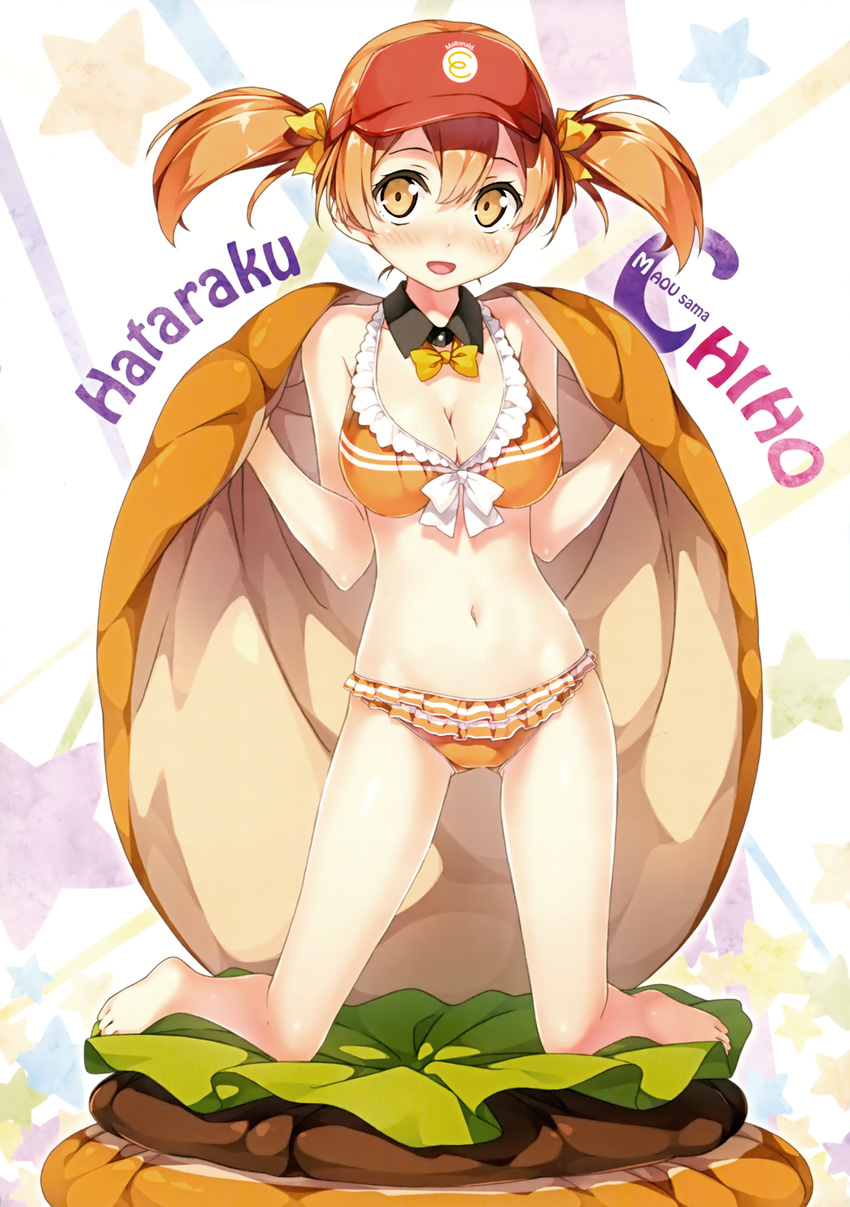 absurdres bare_legs barefoot bikini blush breasts cleavage detached_collar food full_body hamburger hataraku_maou-sama! highres kantoku kneeling medium_breasts navel orange_bikini orange_eyes orange_hair sasaki_chiho short_hair short_twintails smile solo swimsuit twintails visor_cap