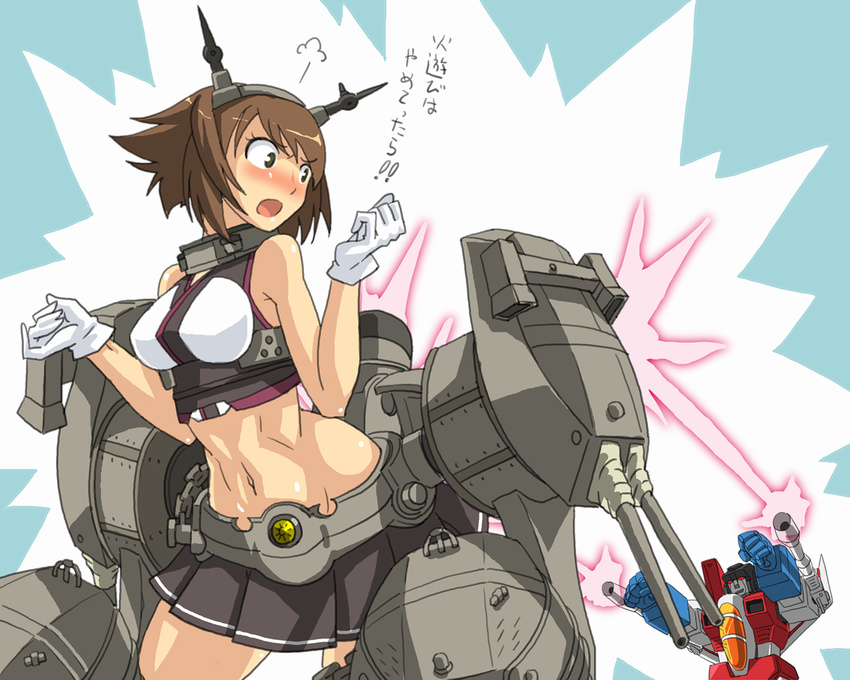 1girl 80s angry arm_cannon bare_shoulders blush breasts brown_hair cannon crossover decepticon gloves hairband headband headgear kantai_collection large_breasts laser machinery mecha midriff mimizu_(tokagex) miniskirt mutsu_(kantai_collection) navel oldschool open_mouth pleated_skirt radio_antenna red_eyes short_hair skirt smile starscream transformers translated turret uniform weapon white_gloves