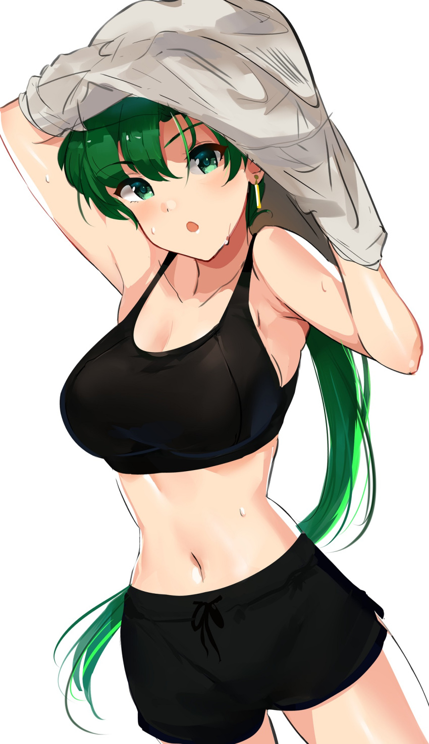 1girl :o alternate_costume armpits arms_up bangs bike_shorts black_shorts blush breasts cleavage collarbone cowboy_shot dutch_angle earrings eyebrows_visible_through_hair fire_emblem fire_emblem:_rekka_no_ken green_eyes green_hair head_tilt highres jewelry large_breasts lifted_by_self long_hair lyndis_(fire_emblem) navel nintendo open_mouth ormille pantylines parted_bangs ponytail shirt shirt_lift shorts solo sports_bra stomach sweat undressing very_long_hair white_shirt