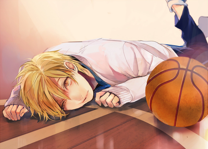 bad_id bad_pixiv_id basketball blonde_hair kise_ryouta kuroko_no_basuke male_focus megane_(artist) on_floor school_uniform solo yellow_eyes