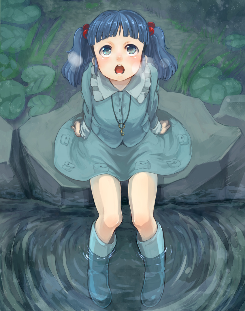 blue_eyes blue_hair blush boots hair_bobbles hair_ornament highres kawashiro_nitori key meiji_(charisma_serve) open_mouth rubber_boots short_hair sitting solo touhou two_side_up water