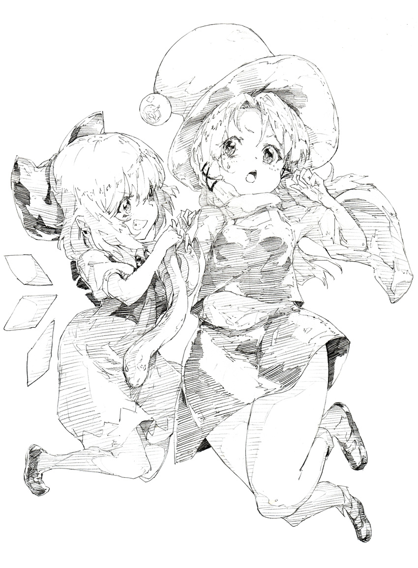 bow cirno colored_pencil_(medium) dress greyscale grin hair_bow hat highres ice ice_wings long_sleeves monochrome moriya_suwako multiple_girls open_mouth oshake shirt skirt skirt_set smile snake touhou traditional_media wide_sleeves wings