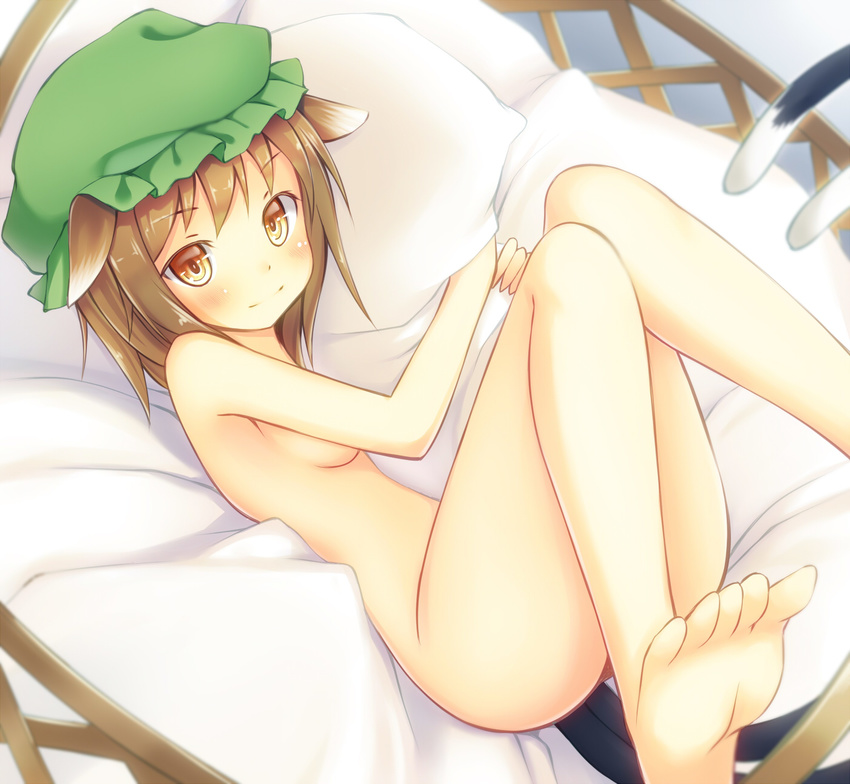 animal_ears bad_id bad_pixiv_id barefoot bed_sheet blush breasts brown_eyes brown_hair cat_ears cat_tail chen feet gennsuikyou hat highres looking_at_viewer lying multiple_tails nude on_back pillow pillow_hug short_hair small_breasts soles solo tail toes touhou