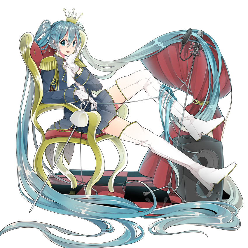 absurdres aqua_eyes aqua_hair boots checkered checkered_floor crown epaulettes full_body gloves hatsune_miku highres long_hair microphone microphone_stand naruto_maki rapier sitting skirt smile solo speaker sword thigh_boots thighhighs transparent_background twintails very_long_hair vocaloid weapon zettai_ryouiki