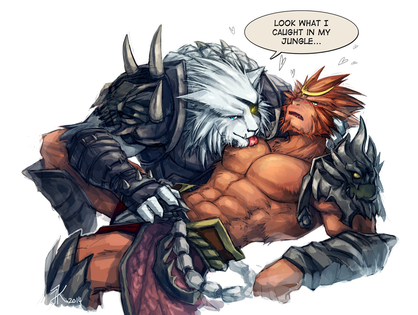abs anthro armor biceps blush brown_fur clothing fangs feline fur gay kuron league_of_legends licking male mammal monkey muscles open_mouth pecs primate rengar softcore teeth toned tongue white_fur white_lion wukong
