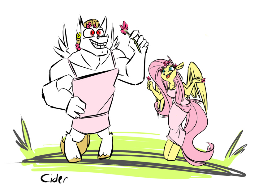 anthro anthrofied blonde_hair blue_eyes bulk_biceps_(mlp) clothing dress duo equine female flower fluttershy_(mlp) friendship_is_magic frumplechuck grass hair horse male mammal muscles my_little_pony outside pegasus piercing pink_hair pony red_eyes roid_rage_(mlp) smile standing wings