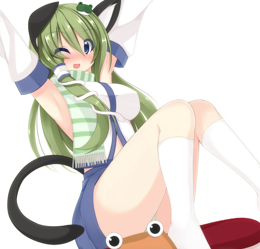 animal_ears armpits arms_up blue_eyes blush breasts cat_ears cat_tail chimunge detached_sleeves eyes frog_hair_ornament green_hair green_panties hair_ornament hat kochiya_sanae large_breasts long_hair one_eye_closed open_mouth panties pyonta scarf simple_background snake_hair_ornament socks solo striped striped_scarf tail touhou underwear white_background white_legwear