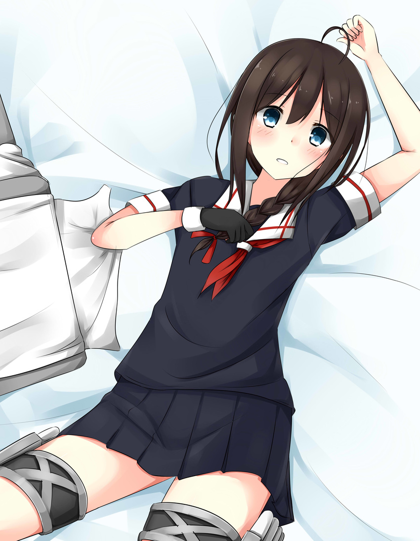 absurdres ahoge bed blue_eyes blush braid brown_hair gloves hair_ornament hair_over_shoulder hair_ribbon hand_on_own_chest highres kantai_collection looking_at_viewer lying on_back open_mouth pleated_skirt ribbon school_uniform serafuku shigure_(kantai_collection) short_sleeves single_braid skirt solo tsuchikure