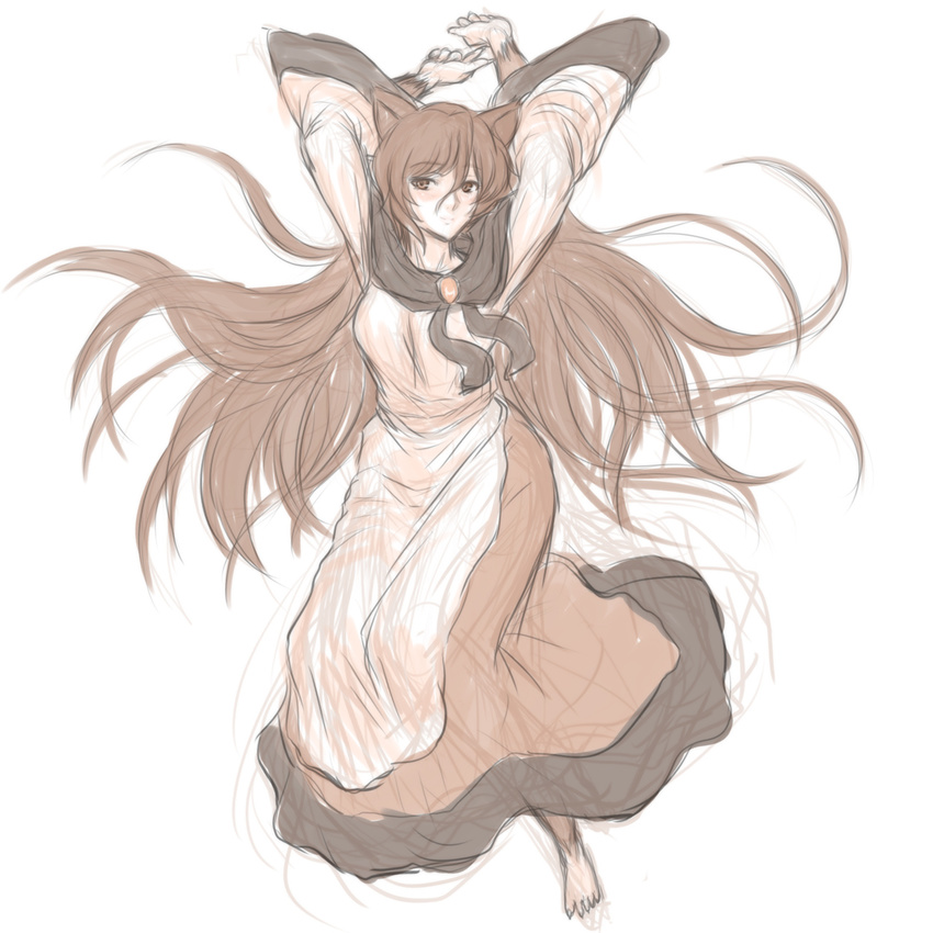 animal_ears arms_up brooch highres imaizumi_kagerou jewelry kuro_suto_sukii long_hair long_sleeves shirt simple_background sketch skirt solo tail touhou very_long_hair white_background wide_sleeves wolf_ears wolf_tail