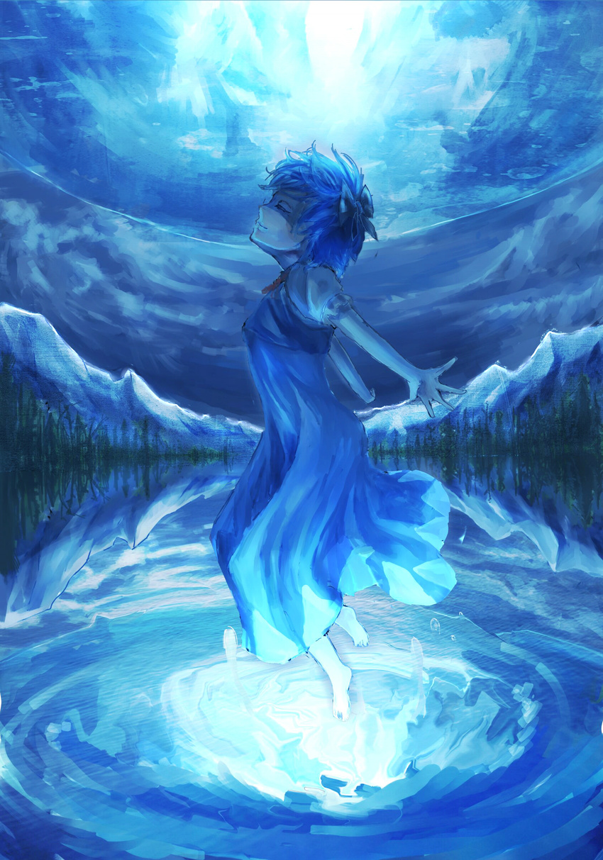 absurdres bad_id bad_pixiv_id barefoot blue_dress blue_hair bow cirno closed_eyes dress hair_bow highres moon mountain no_wings short_hair short_sleeves smile solo touhou touro traditional_media water