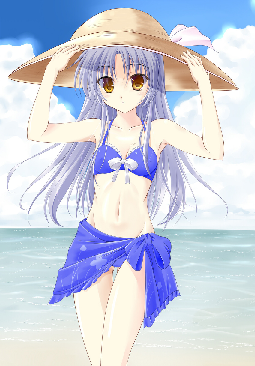 angel_beats! beach bikini blue_hair blue_sarong day eyebrows_visible_through_hair hand_on_headwear hat highres long_hair ocean print_sarong revision sarong silver_hair sky solo souda_shinme sun_hat swimsuit tenshi_(angel_beats!) yellow_eyes