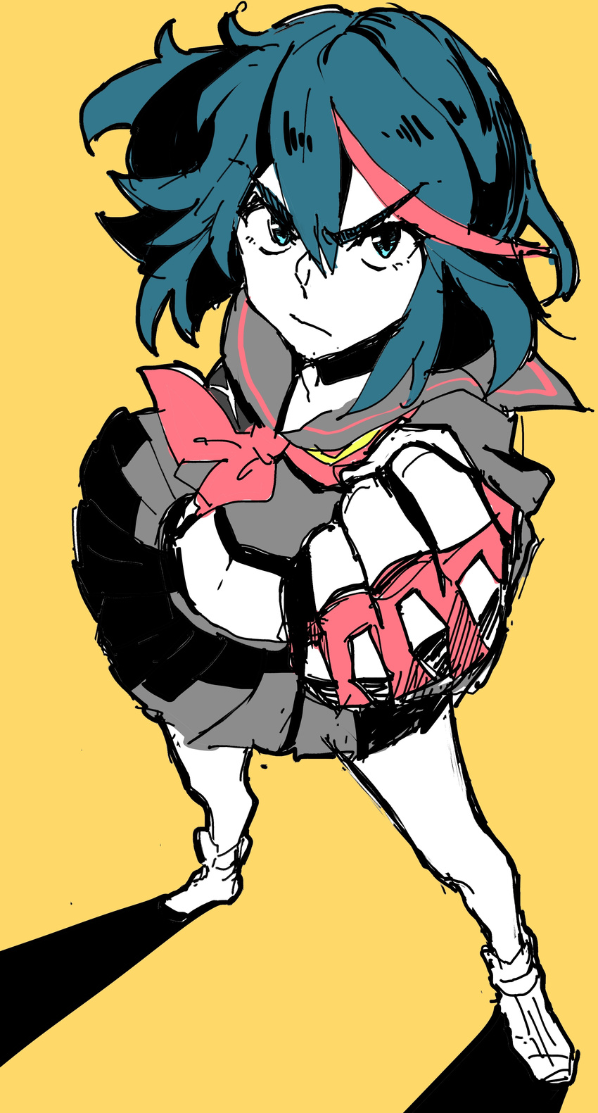 absurdres black_hair clenched_hand ena_(interknm305) fingerless_gloves fist_shaking foreshortening gloves highres kill_la_kill looking_at_viewer matoi_ryuuko midriff multicolored_hair navel red_hair school_uniform senketsu serafuku sketch solo two-tone_hair