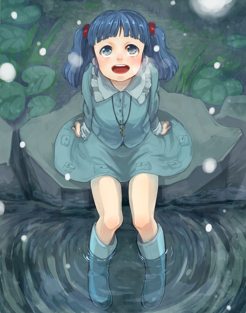 blue_eyes blue_hair blush boots hair_bobbles hair_ornament highres kawashiro_nitori key meiji_(charisma_serve) open_mouth rubber_boots short_hair sitting smile snow solo touhou two_side_up water