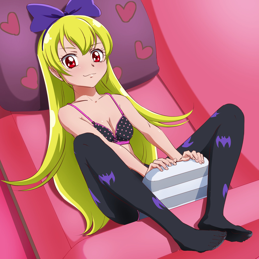 animal_print bad_id bad_pixiv_id bat_print blonde_hair blush bow bra breasts couch dokidoki!_precure duplicate feet hair_bow highres long_hair medium_breasts mont_blanc_(heartcatch_ayaya) pantyhose pillow polka_dot precure print_legwear red_eyes regina_(dokidoki!_precure) revision smile solo underwear